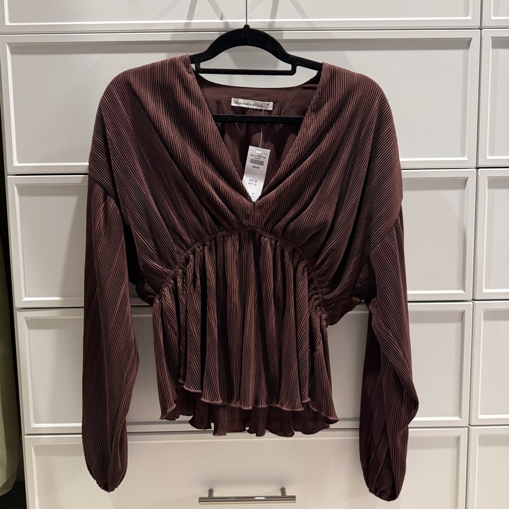 Abercrombie & Fitch Brown Pleated V-Neck Peplum Blouse